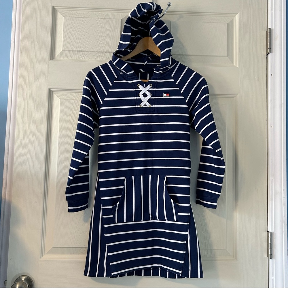 Tommy Hilfiger Navy Blue withh white stripe dress with hood and front pocket